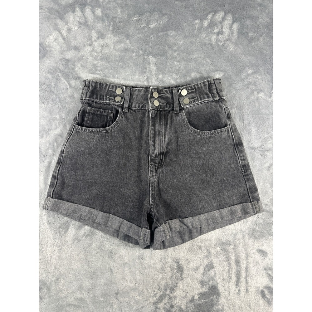 SHEIN Women Small Black Denim Shorts High Waisted Double Button Cuffed Hem Gray